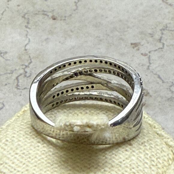 Black & White CZ Rhodium Over Sterling Silver Crossover Band Ring Size 8 - Picture 6 of 6